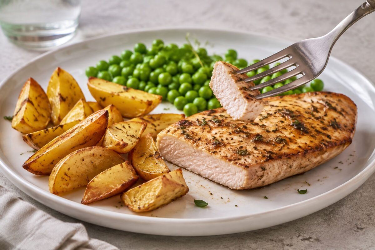 Lebendige Servierszene für „Putensteak mit Kartoffelspalten und Erbsen“: eine Gabel oder ein Besteckteil nimmt gerade eine Portion auf; Putensteak, Kartoffeln und Erbsen bleiben trotzdem klar erkennbar.