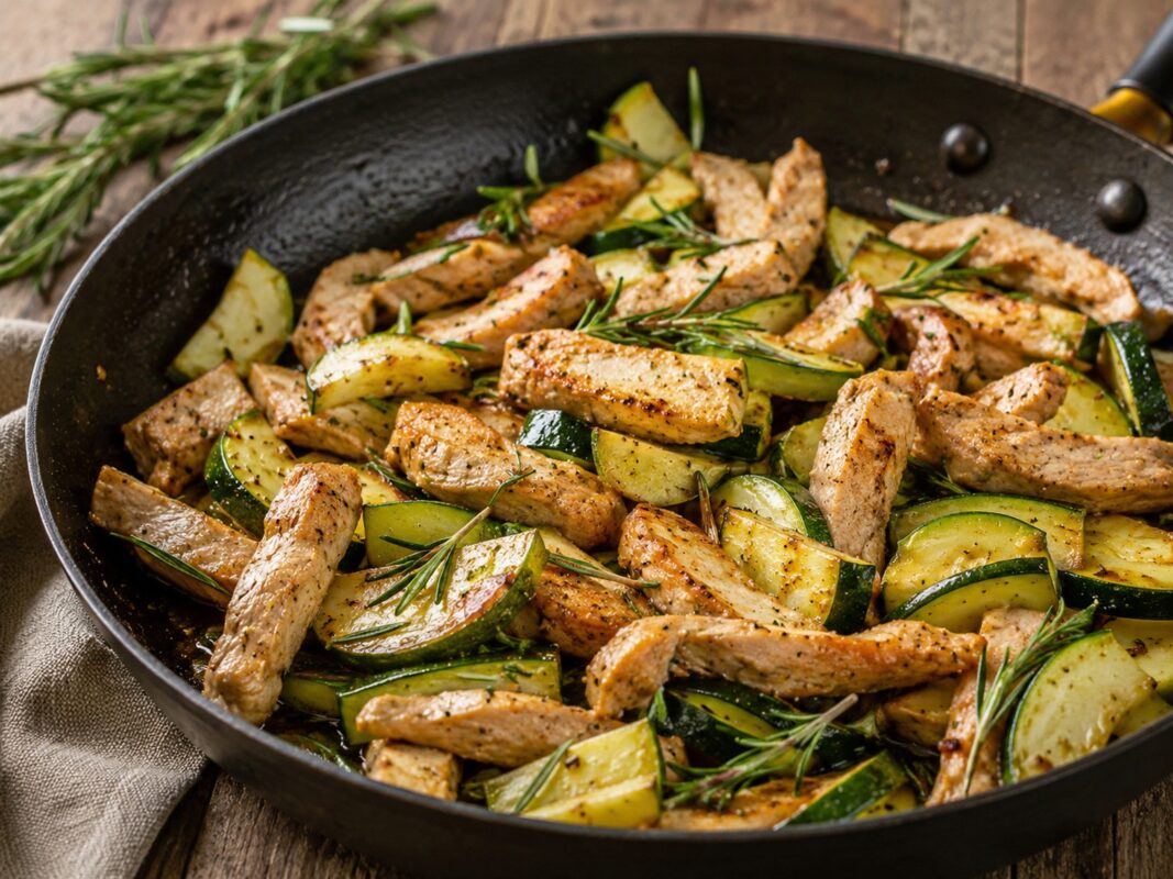 Gebratene Putenstreifen und Zucchinistücke mit Rosmarinzweigen in einer schwarzen Pfanne.