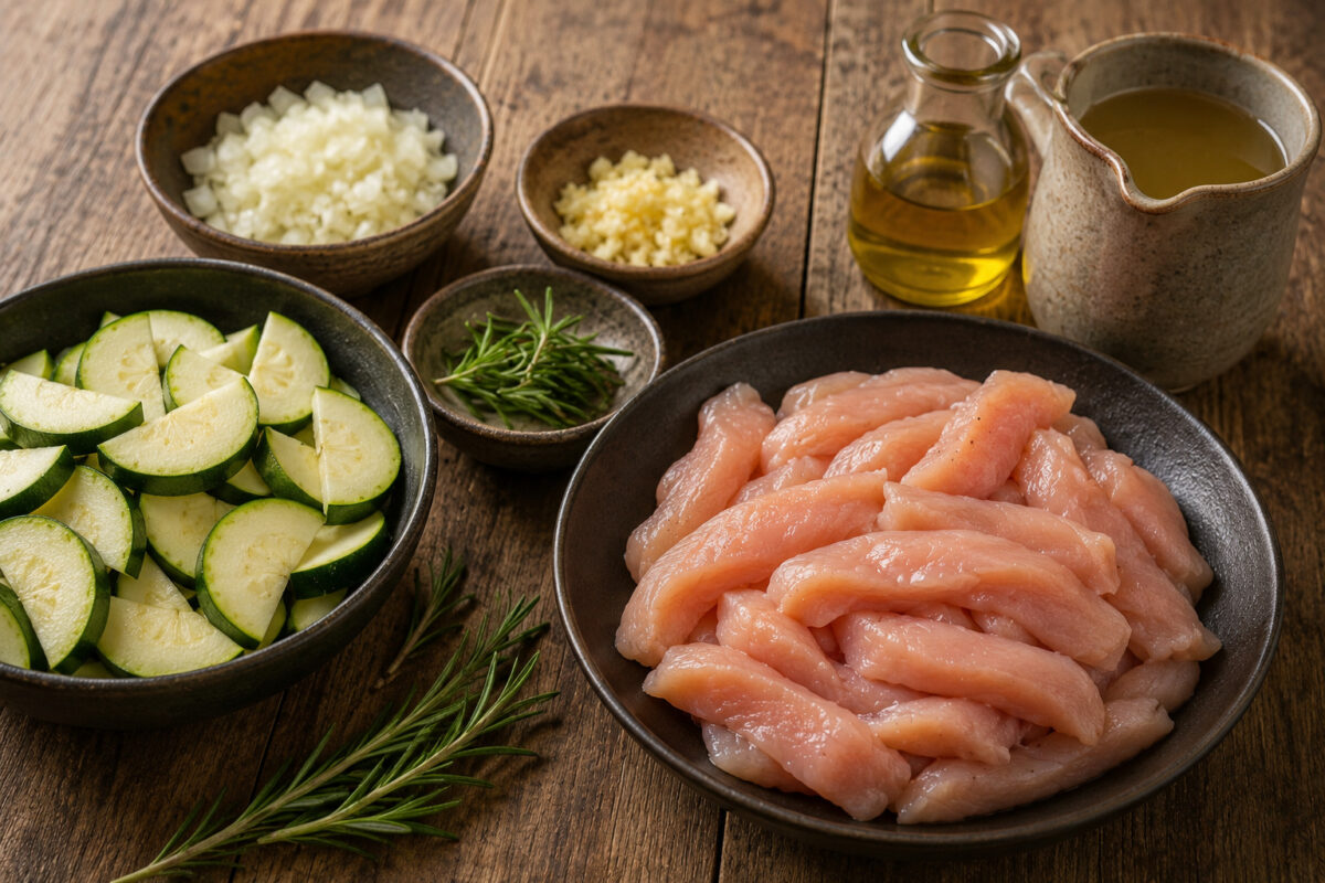 Rustikale Mise-en-place mit rohen Putenstreifen, Zucchini, Zwiebel, Knoblauch, Rosmarin, Olivenöl und Gemüsebrühe.