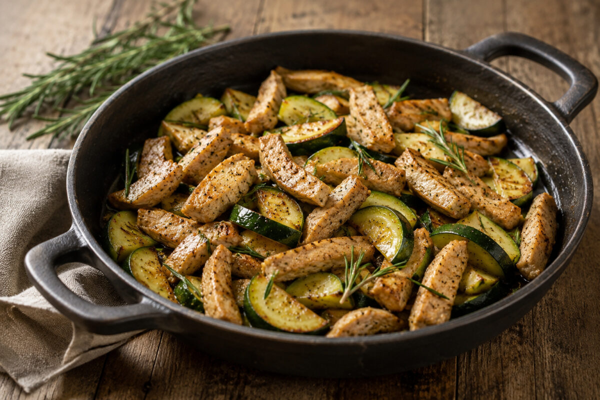 Fertige Putenstreifen mit gebratener Zucchini und Rosmarin in einer dunklen Pfanne aus deutlich veränderter Perspektive.