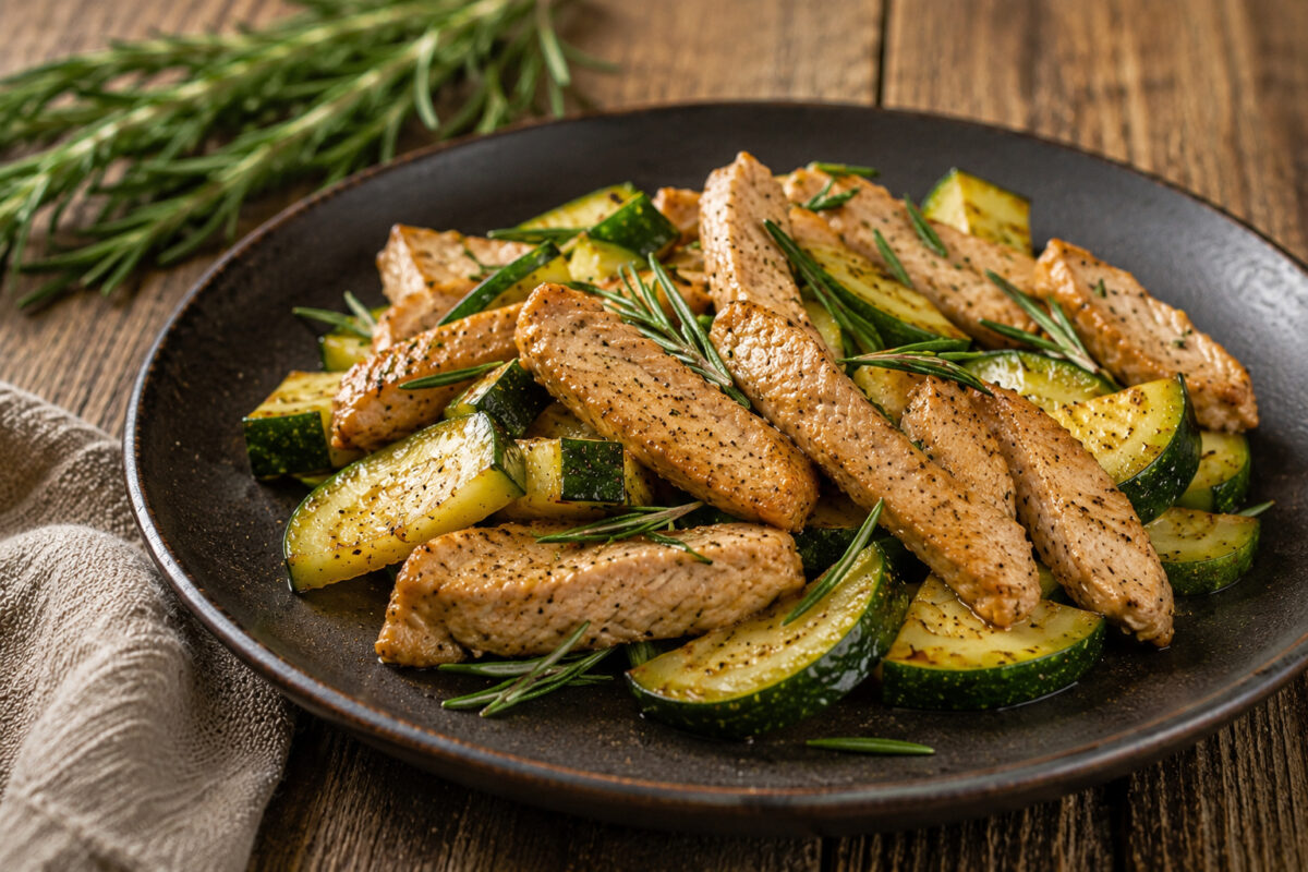 Angerichtete Portion Putenstreifen mit Zucchini und Rosmarin auf dunklem Teller als eigenständige Servier- und Detailansicht.