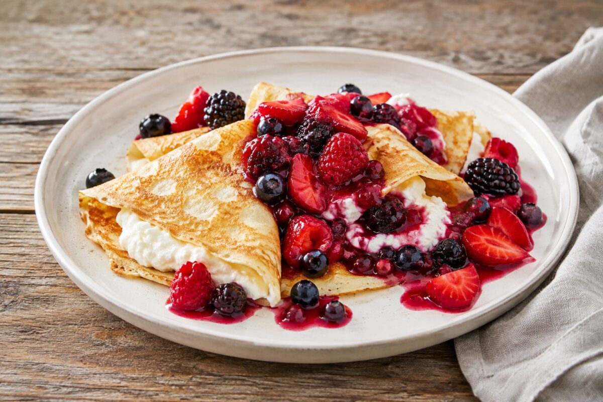 Mehrere goldbraune gefaltete Crêpes mit sichtbarer weißer Quarkfüllung und warmem roten Beerenkompott.