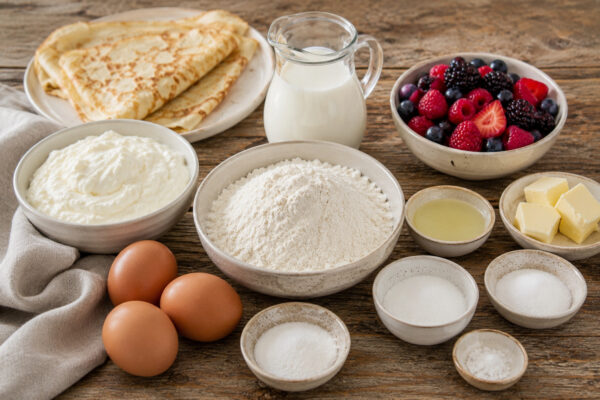 Zutaten- oder Vorbereitungsansicht mit Mehl, Eiern, Milch, Zucker, Salz, Butter, Magerquark, Vanillezucker, Zitronensaft und gemischten Beeren.