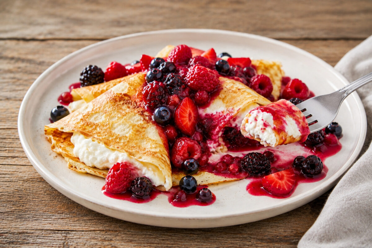 Servierszene der fertigen Quark-Crêpes mit sichtbarer Quarkfüllung und warmer Beerensauce, mit entnommener Portion.