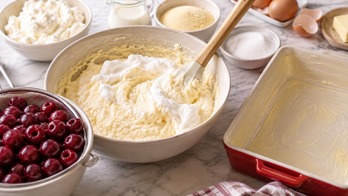 Quark-Grieß-Auflauf mit Kirschen: Zutaten und realer Vorbereitungsschritt.