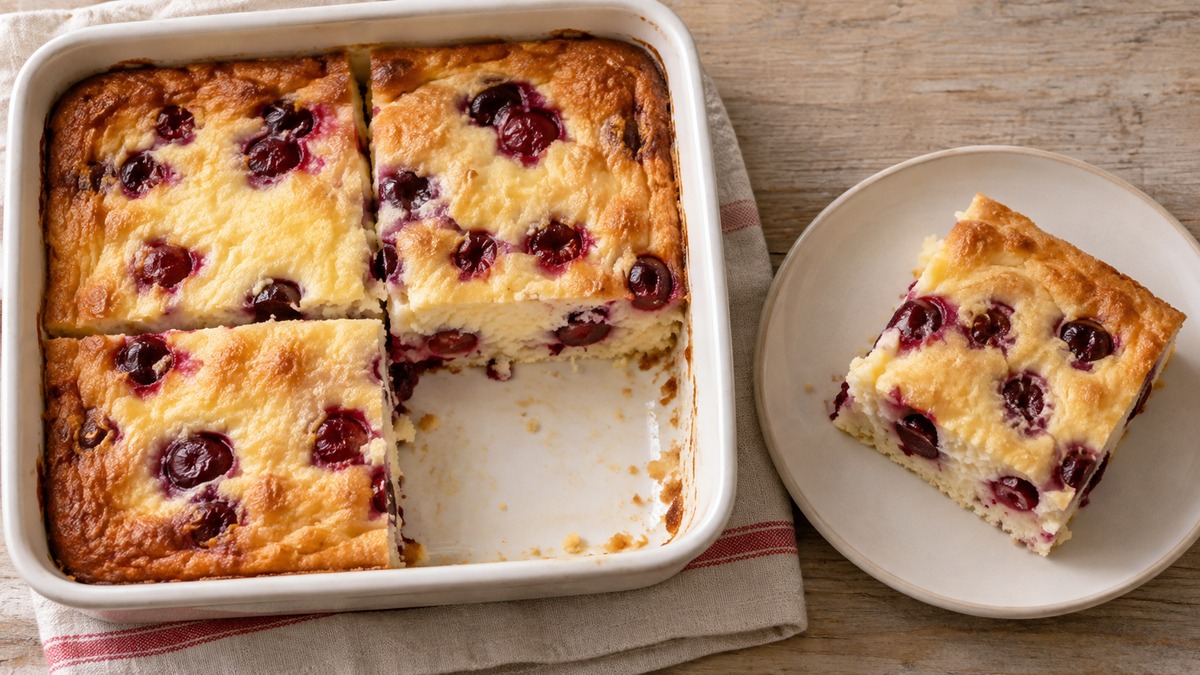 Quark-Grieß-Auflauf mit Kirschen: Fertiges Gericht aus anderer Perspektive.