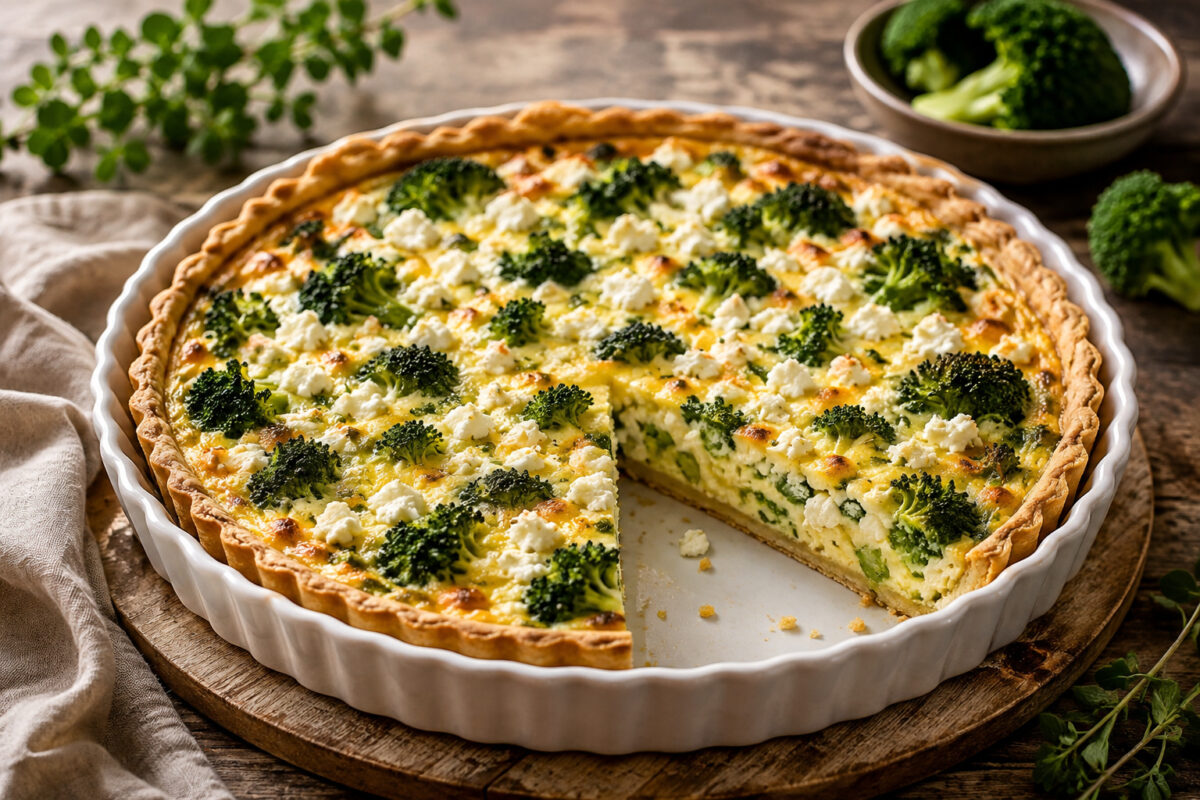 Fertige Brokkoli-Feta-Quiche in heller Quicheform auf rustikalem Holztisch; ein Stück ist entnommen und die Füllung sichtbar.