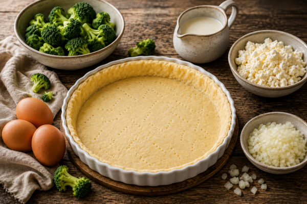 Zutaten- und Vorbereitungsansicht mit ausgelegtem Quicheteig, Brokkoliröschen, Feta, Eiern, Sahne/Milch und fein gehackter Zwiebel.