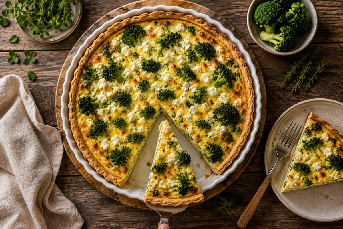 Fertige Brokkoli-Feta-Quiche aus deutlich höherer Perspektive mit herausgehobenem Stück und sichtbarer Oberfläche.