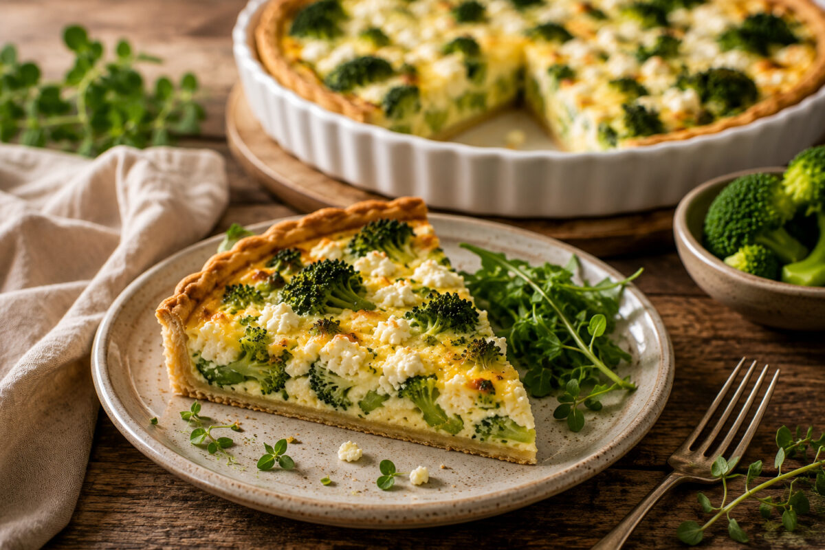 Servierszene mit einem Stück Brokkoli-Feta-Quiche auf einem Teller im Vordergrund und der restlichen Quiche im Hintergrund.