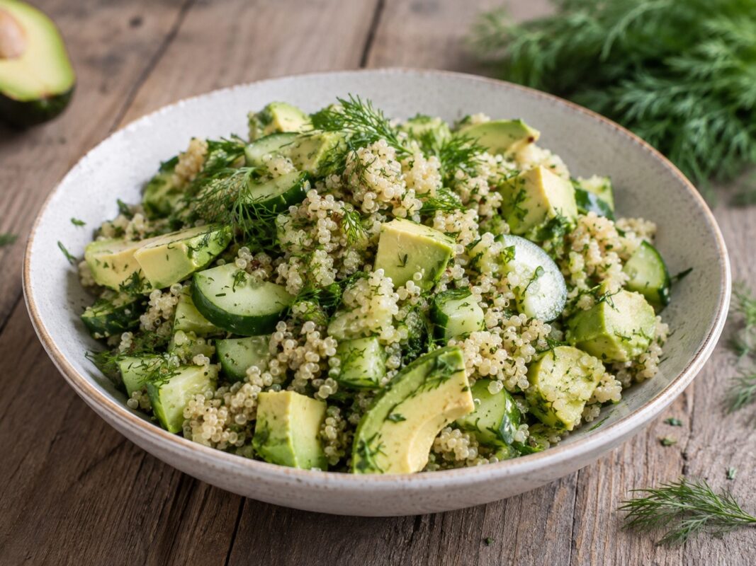 Ein heller Quinoasalat mit Gurkenscheiben, Avocadostücken und reichlich Dill in einer flachen Keramikschale.