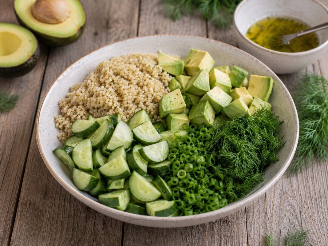 Zutaten- oder Vorbereitungsansicht mit Quinoa, Gurke, Avocado und Dill.