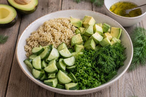Zutaten- oder Vorbereitungsansicht mit Quinoa, Gurke, Avocado und Dill.