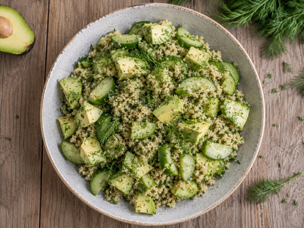 Fertiger Quinoa-Gurken-Salat mit Avocado und Dill aus deutlich anderer Perspektive.