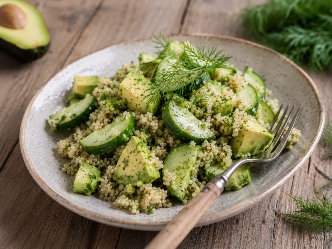 Fertiger Quinoa-Gurken-Salat mit Avocado und Dill als alternative Servier- oder Detailszene.