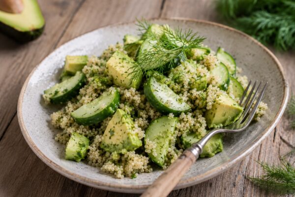 Fertiger Quinoa-Gurken-Salat mit Avocado und Dill als alternative Servier- oder Detailszene.