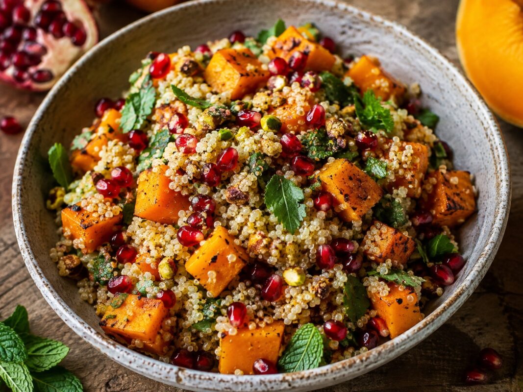 Große Keramikschale mit Quinoa, gerösteten Kürbiswürfeln, Granatapfelkernen, Pistazien und Kräutern.