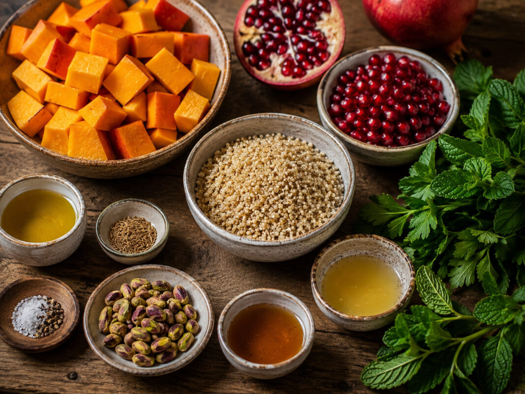 Zutaten- und Vorbereitungsansicht mit Quinoa, Hokkaidokürbis, Olivenöl, Kreuzkümmel, Granatapfelkernen, Pistazien, Petersilie, Minze, Zitronensaft, Ahornsirup, Salz und Pfeffer.