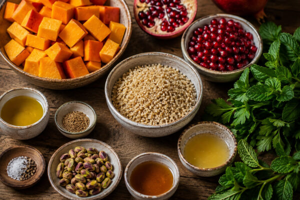 Zutaten- und Vorbereitungsansicht mit Quinoa, Hokkaidokürbis, Olivenöl, Kreuzkümmel, Granatapfelkernen, Pistazien, Petersilie, Minze, Zitronensaft, Ahornsirup, Salz und Pfeffer.