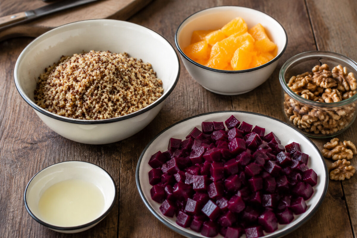 Zutaten- und Vorbereitungsansicht. Rezept: Quinoa-Rote-Bete-Salat mit Orange und Walnüssen