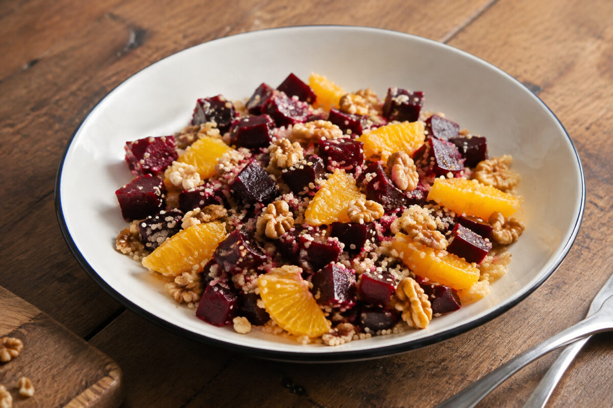 Fertiges Gericht aus alternativer Perspektive. Rezept: Quinoa-Rote-Bete-Salat mit Orange und Walnüssen