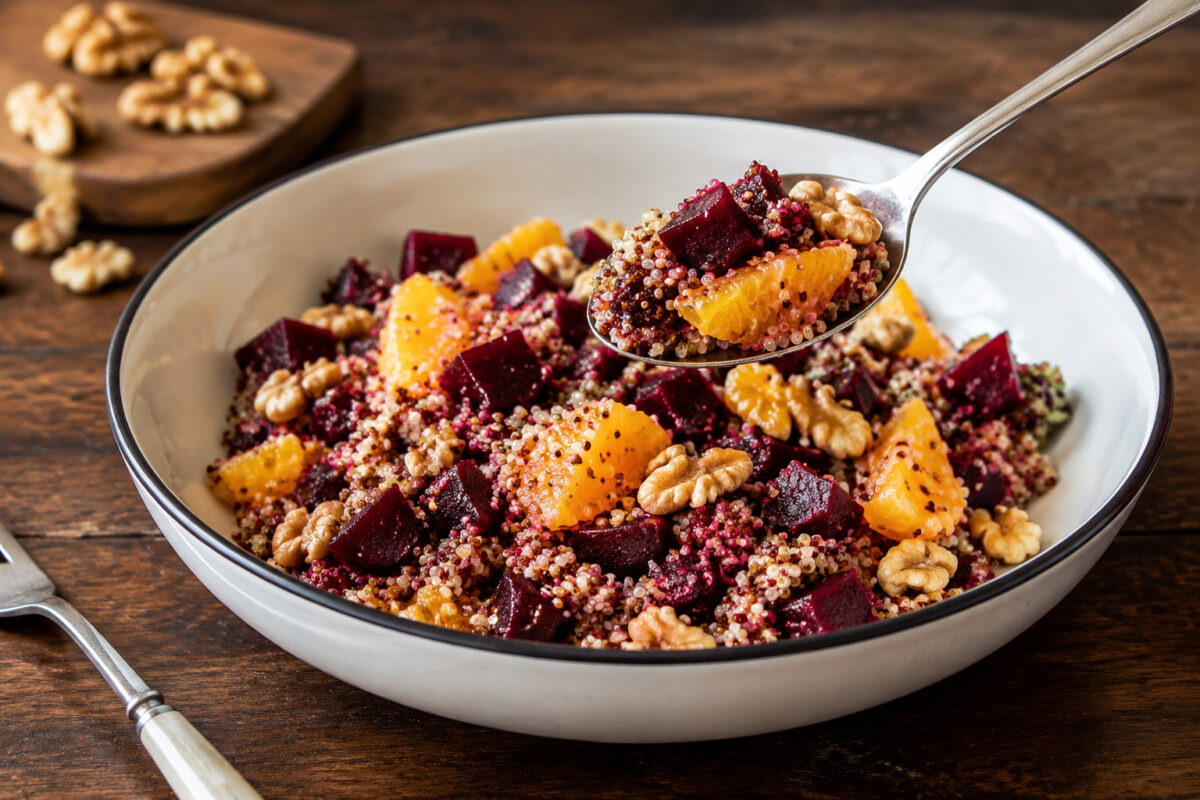 Servierszene mit dem fertigen Gericht. Rezept: Quinoa-Rote-Bete-Salat mit Orange und Walnüssen