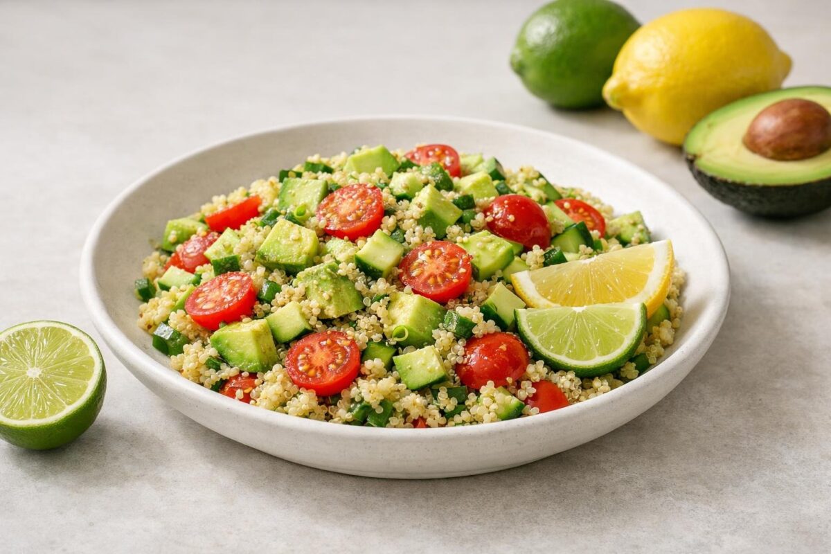Hauptansicht des fertigen Gerichts. Rezept: Quinoa-Salat mit Avocado und Limette