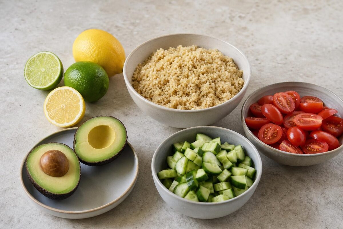 Zutaten- und Vorbereitungsansicht. Rezept: Quinoa-Salat mit Avocado und Limette