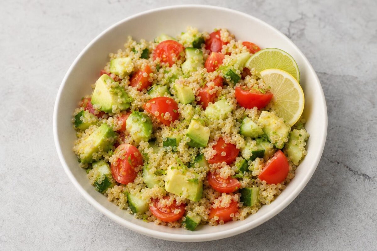 Fertiges Gericht aus einer alternativen Perspektive. Rezept: Quinoa-Salat mit Avocado und Limette