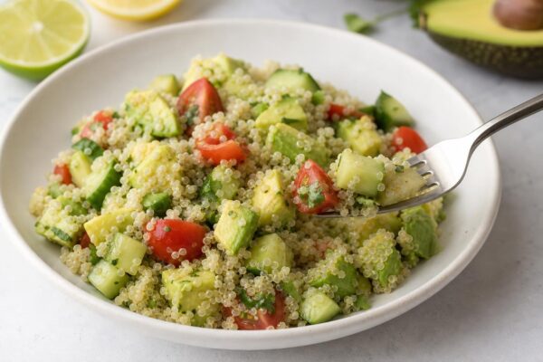 Servierszene mit dem fertigen Gericht. Rezept: Quinoa-Salat mit Avocado und Limette