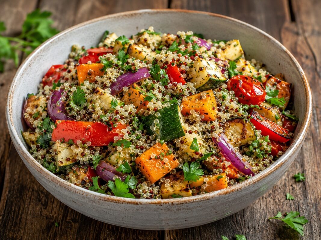 Quinoa-Salat mit geröstetem Gemüse und frischen Kräutern.