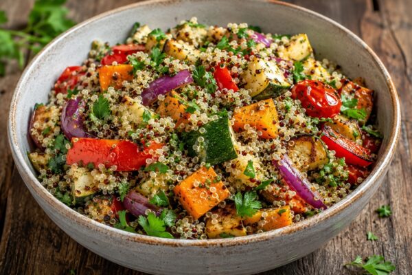 Quinoa-Salat mit geröstetem Gemüse und frischen Kräutern.