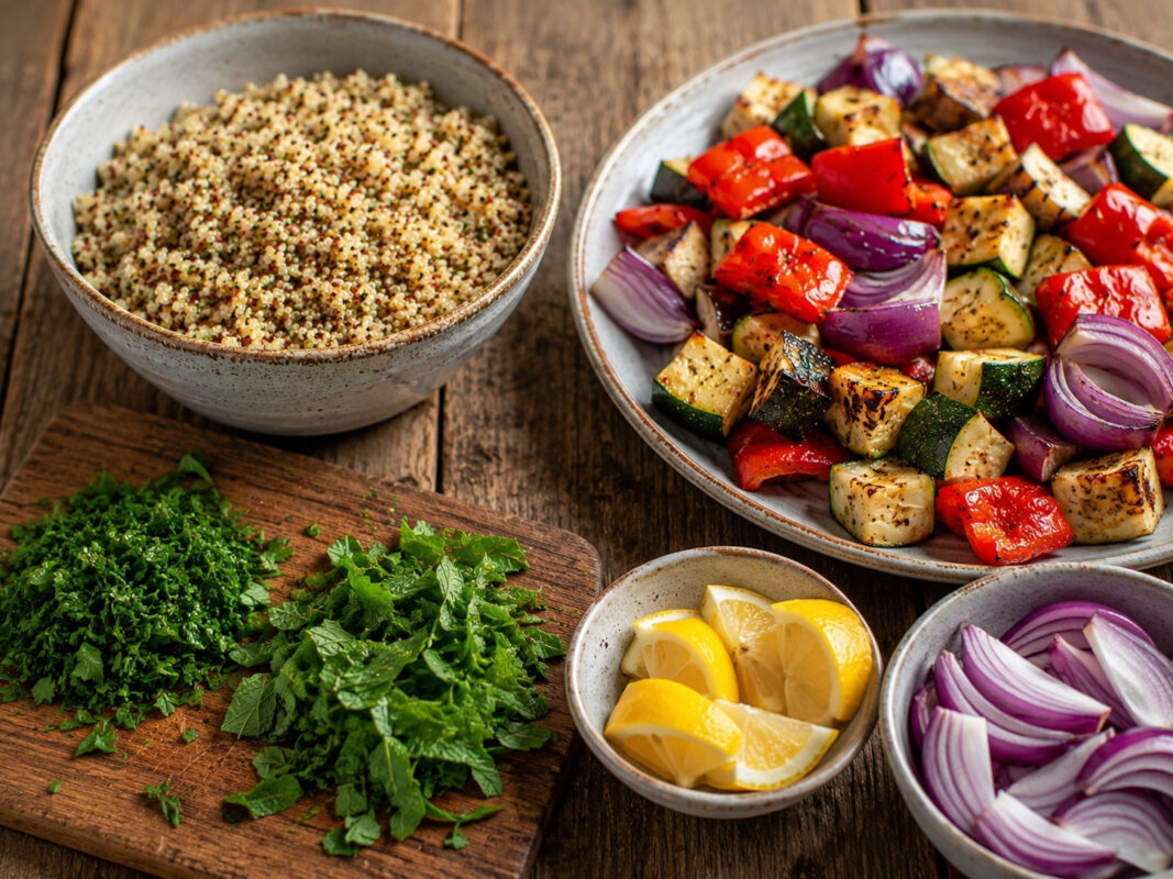 Zutaten- und Vorbereitungsansicht mit Quinoa, geröstetem Gemüse, Kräutern und Zitrone.