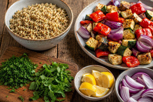 Zutaten- und Vorbereitungsansicht mit Quinoa, geröstetem Gemüse, Kräutern und Zitrone.