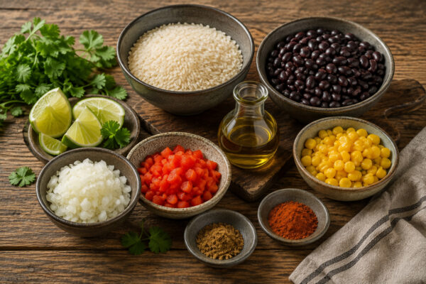 Rustikale Mise-en-place mit Langkornreis, schwarzen Bohnen, Mais, roter Paprika, Zwiebel, Olivenöl, Limette, Kräutern und Gewürzen.