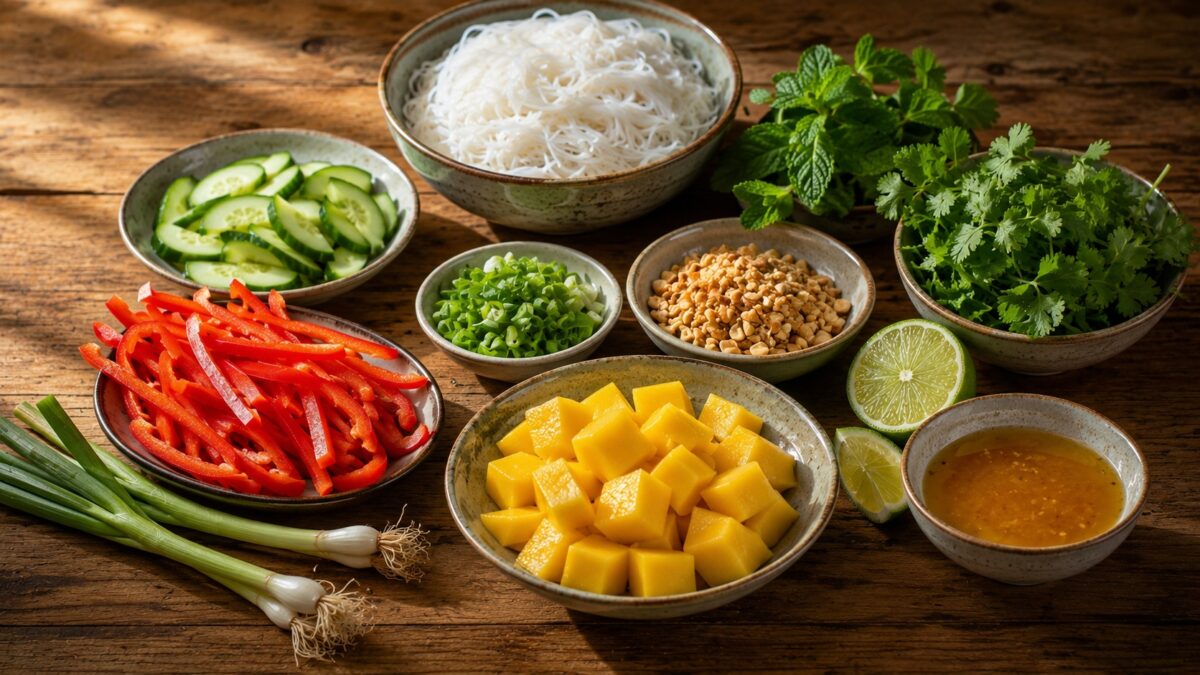 Zutaten- und Vorbereitungsansicht mit Reisnudeln, Mango, Gurke, roter Paprika, Frühlingszwiebeln, Erdnüssen, Limette und frischen Kräutern.
