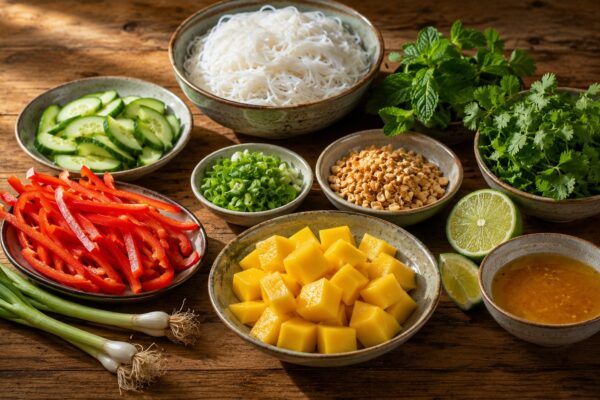 Zutaten- und Vorbereitungsansicht mit Reisnudeln, Mango, Gurke, roter Paprika, Frühlingszwiebeln, Erdnüssen, Limette und frischen Kräutern.