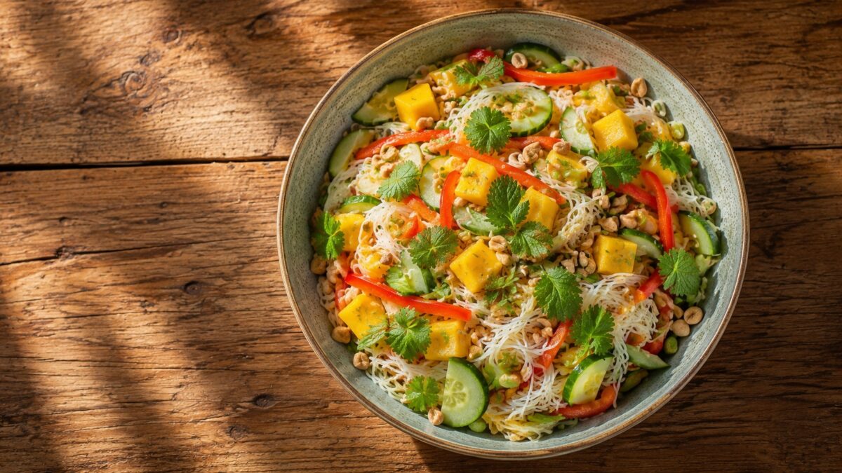 Draufsicht auf den fertigen Reisnudel-Salat mit Mango, Gurke, Paprika, Erdnüssen und frischen Kräutern.