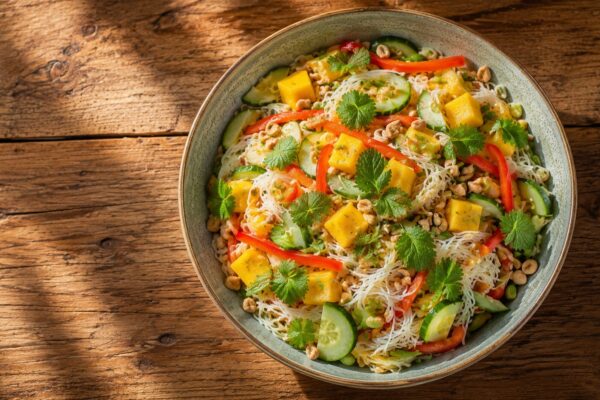 Draufsicht auf den fertigen Reisnudel-Salat mit Mango, Gurke, Paprika, Erdnüssen und frischen Kräutern.