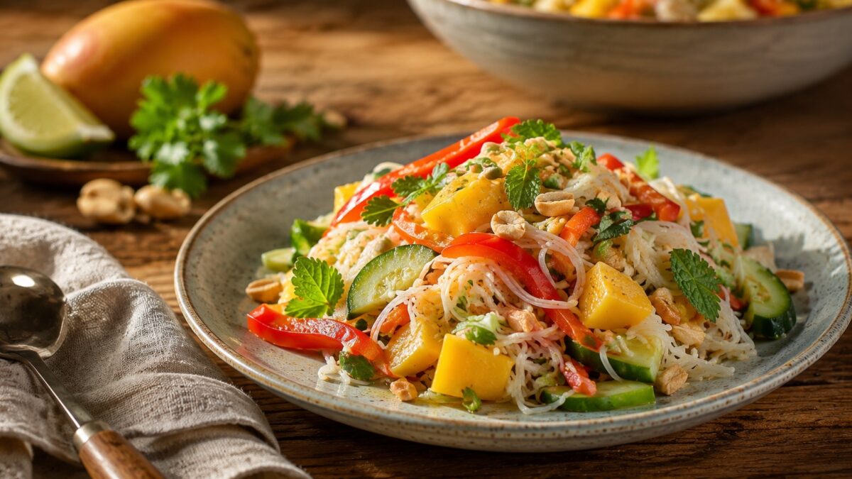 Servieransicht des fertigen Reisnudel-Salats mit Mango und Erdnüssen im gleichen rustikalen Set.
