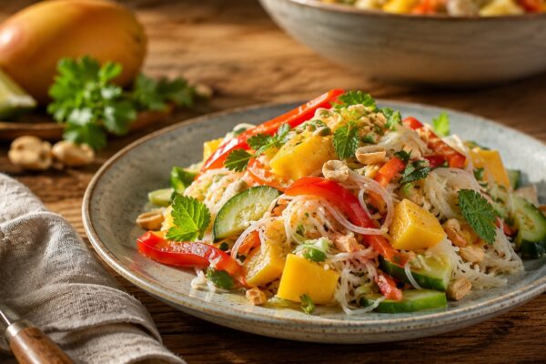 Servieransicht des fertigen Reisnudel-Salats mit Mango und Erdnüssen im gleichen rustikalen Set.