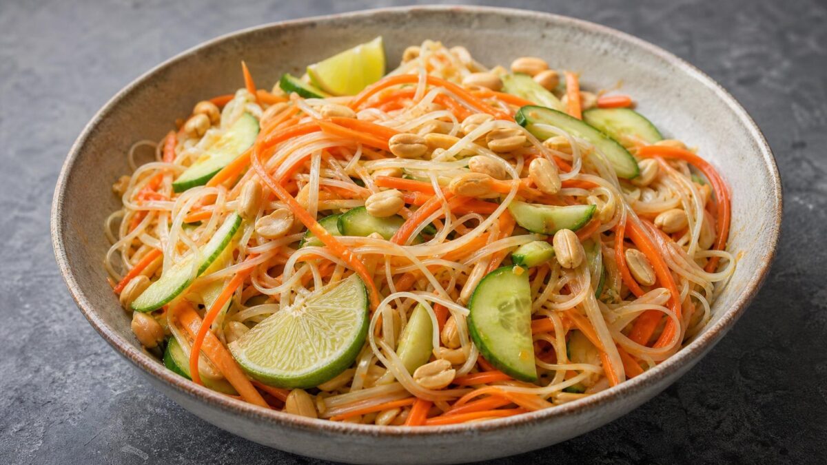Hauptansicht des fertigen Gerichts. Rezept: Reisnudelsalat mit Erdnuss-Limetten-Dressing