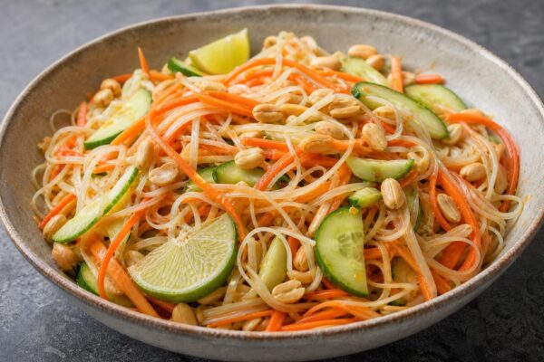 Hauptansicht des fertigen Gerichts. Rezept: Reisnudelsalat mit Erdnuss-Limetten-Dressing