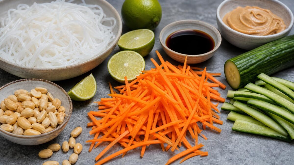 Zutaten- und Vorbereitungsansicht. Rezept: Reisnudelsalat mit Erdnuss-Limetten-Dressing