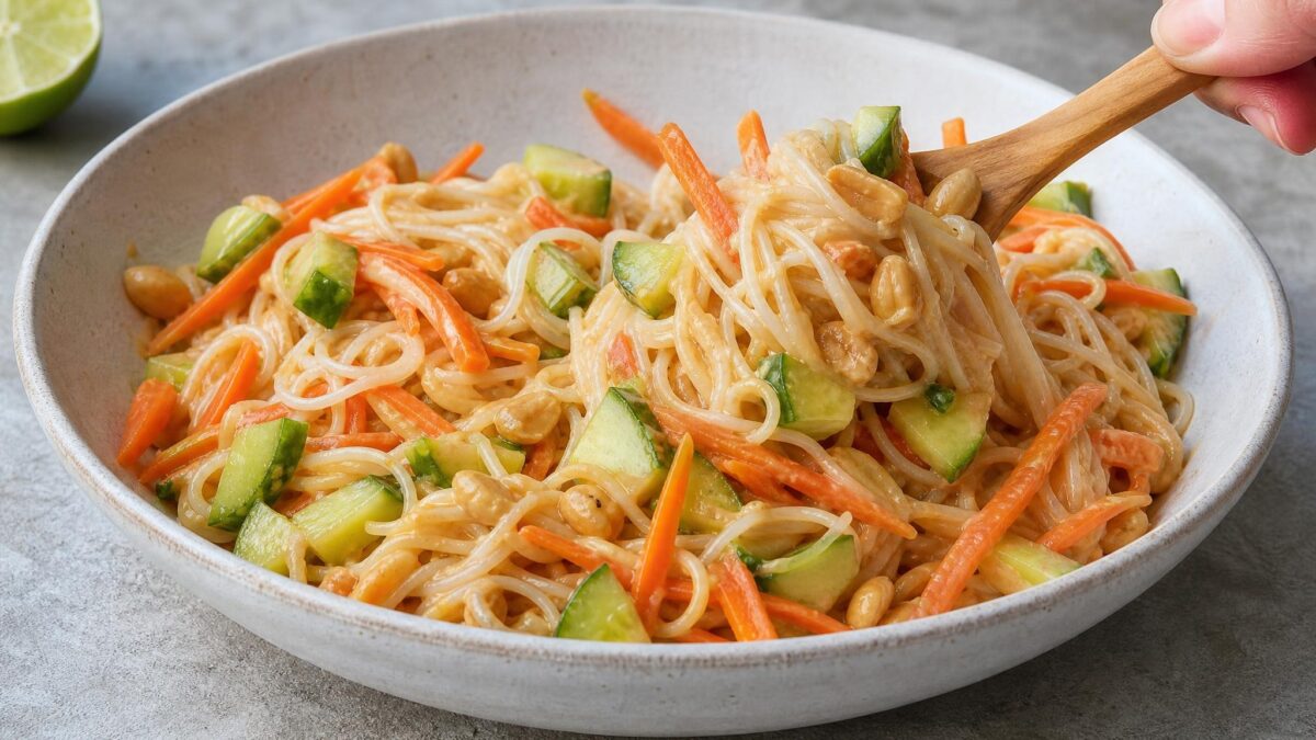 Servierszene mit dem fertigen Gericht. Rezept: Reisnudelsalat mit Erdnuss-Limetten-Dressing