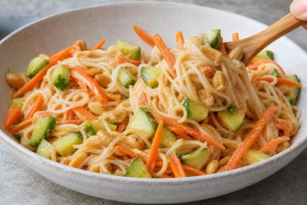 Servierszene mit dem fertigen Gericht. Rezept: Reisnudelsalat mit Erdnuss-Limetten-Dressing