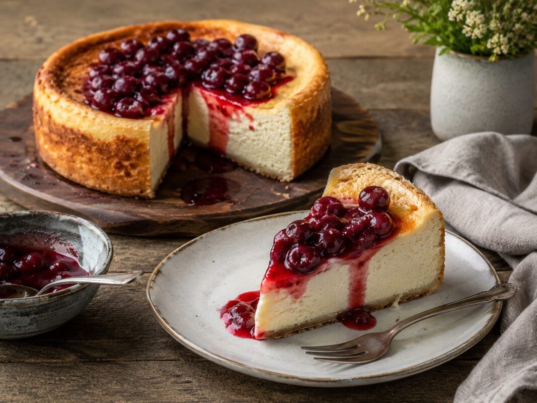 Ein hoher Käsekuchen mit angeschnittener Torte und einem Stück auf separatem Teller, jeweils mit Kirschkompott bedeckt.