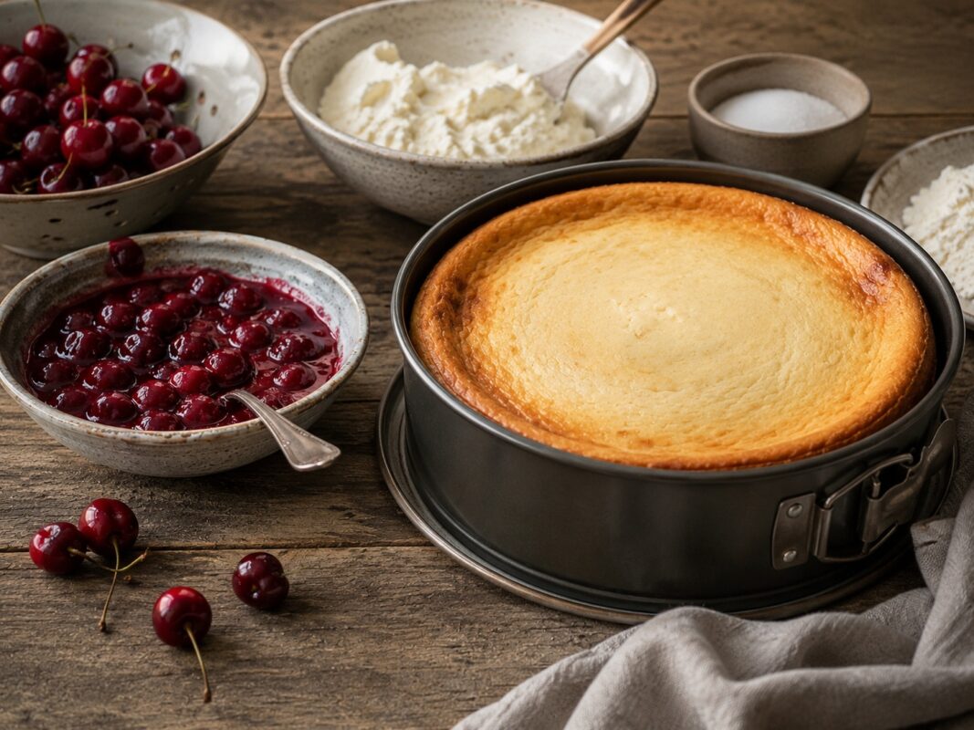 Zutaten- oder Vorbereitungsansicht zum Ricotta-Käsekuchen mit Kirschkompott.
