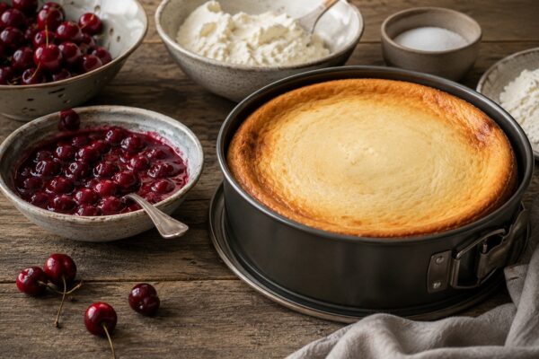 Zutaten- oder Vorbereitungsansicht zum Ricotta-Käsekuchen mit Kirschkompott.