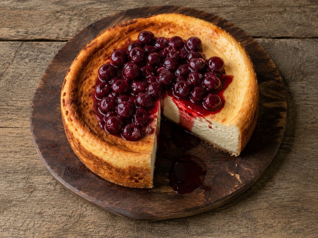 Fertiger Ricotta-Käsekuchen mit Kirschkompott aus deutlich anderer Perspektive.